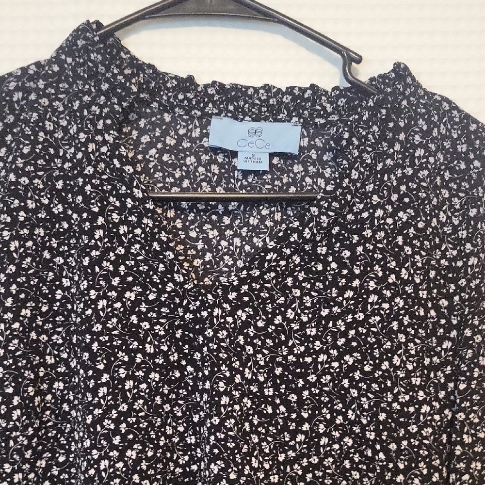 C.C Black and White Ruffled Blouse with Mandarin Collar
